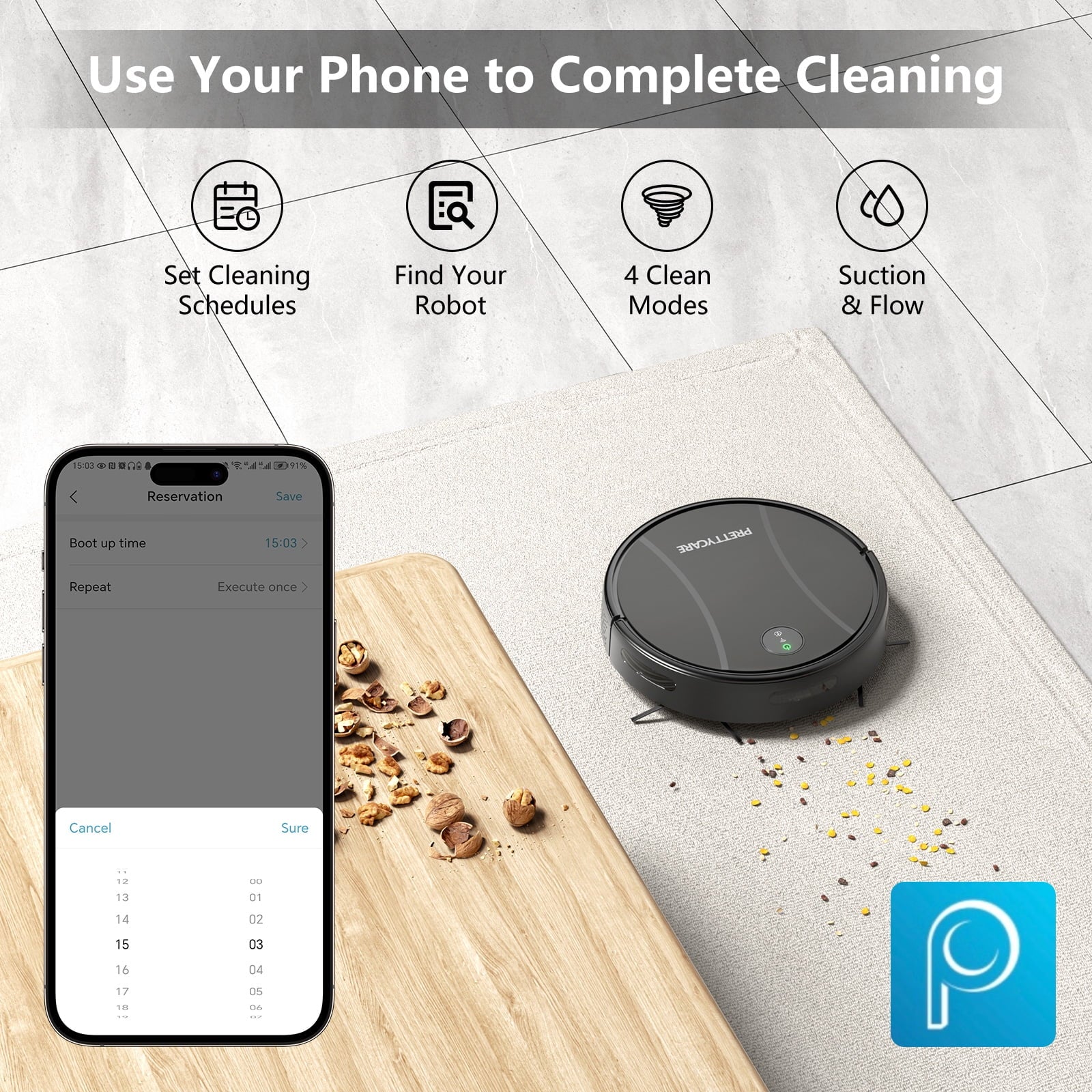 Robot Vacuum and Mop Combo with 3000Pa Suction,App/Remote/Voice Control,Ideal for Pet Hair C2