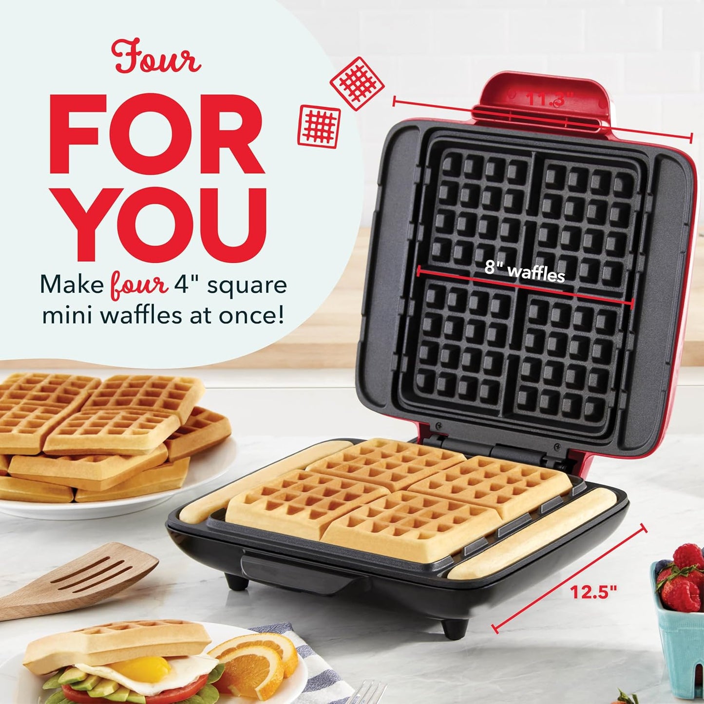 Deluxe No-Drip Waffle Iron Maker Machine 1200W + Hash Browns, or Any Breakfast, Lunch, & Snacks with Easy Clean, Non-Stick + Mess Free Sides, Red