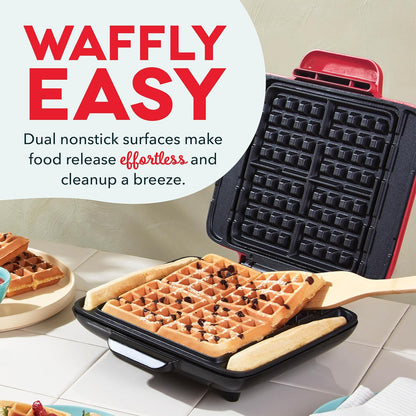 Deluxe No-Drip Waffle Iron Maker Machine 1200W + Hash Browns, or Any Breakfast, Lunch, & Snacks with Easy Clean, Non-Stick + Mess Free Sides, Red