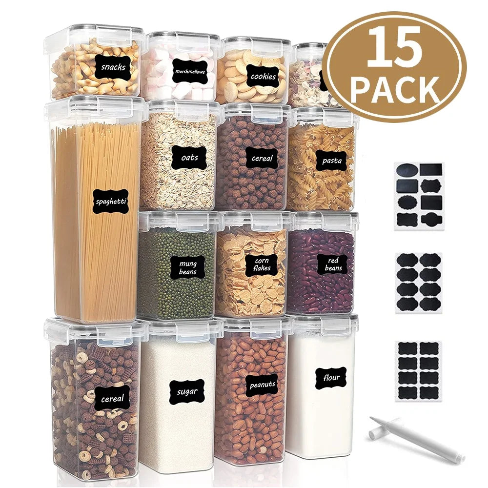 15 Packs Airtight Food Storage Containers Set with Lids, Kitchen Pantry Organization and BPA Free Plastic Canisters Include 24 Labels by