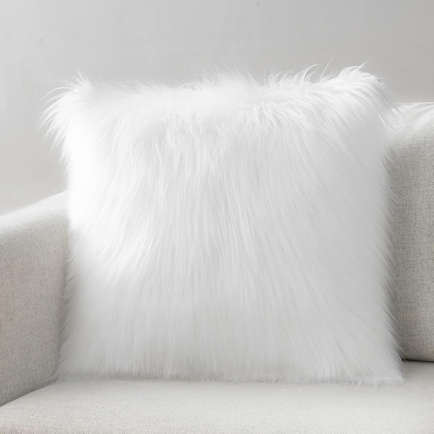 Faux Fur Solid Decorative Pillow Cover Fluffy Throw Pillow Mongolian Luxury Fuzzy Pillow Case Cushion Cover for Bedroom and Couch,True White 18 X 18 Inches