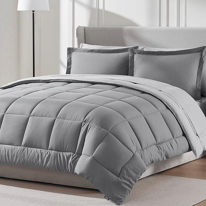 Queen Comforter Set, Bed in a Bag, 3 Pc Reversible Bedding Comforter Sets, Bedding Set, Grey & Light Grey