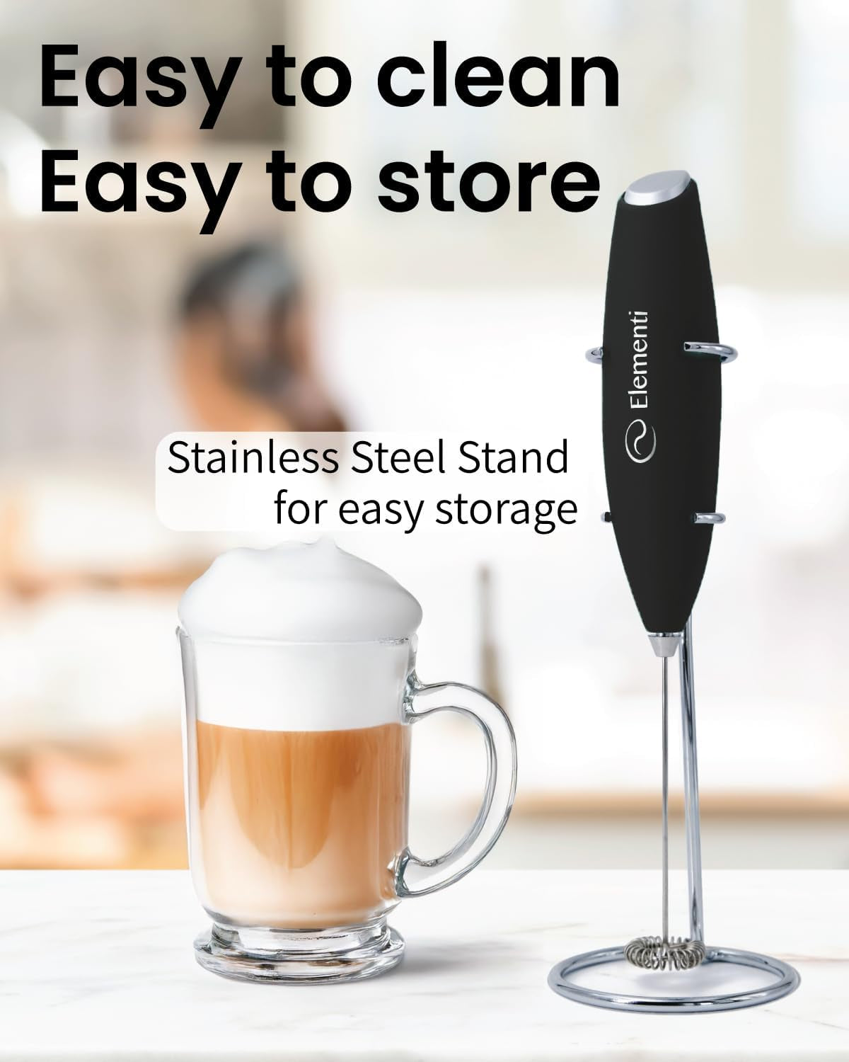 Milk Frother Wand & Drink Mixer - Powerful Coffee Frother Handheld Coffee Mixer Wand with Stand - Milk Foamer to Make Perfect Cappuccino Lattes & Hot Chocolate at Home (Black)