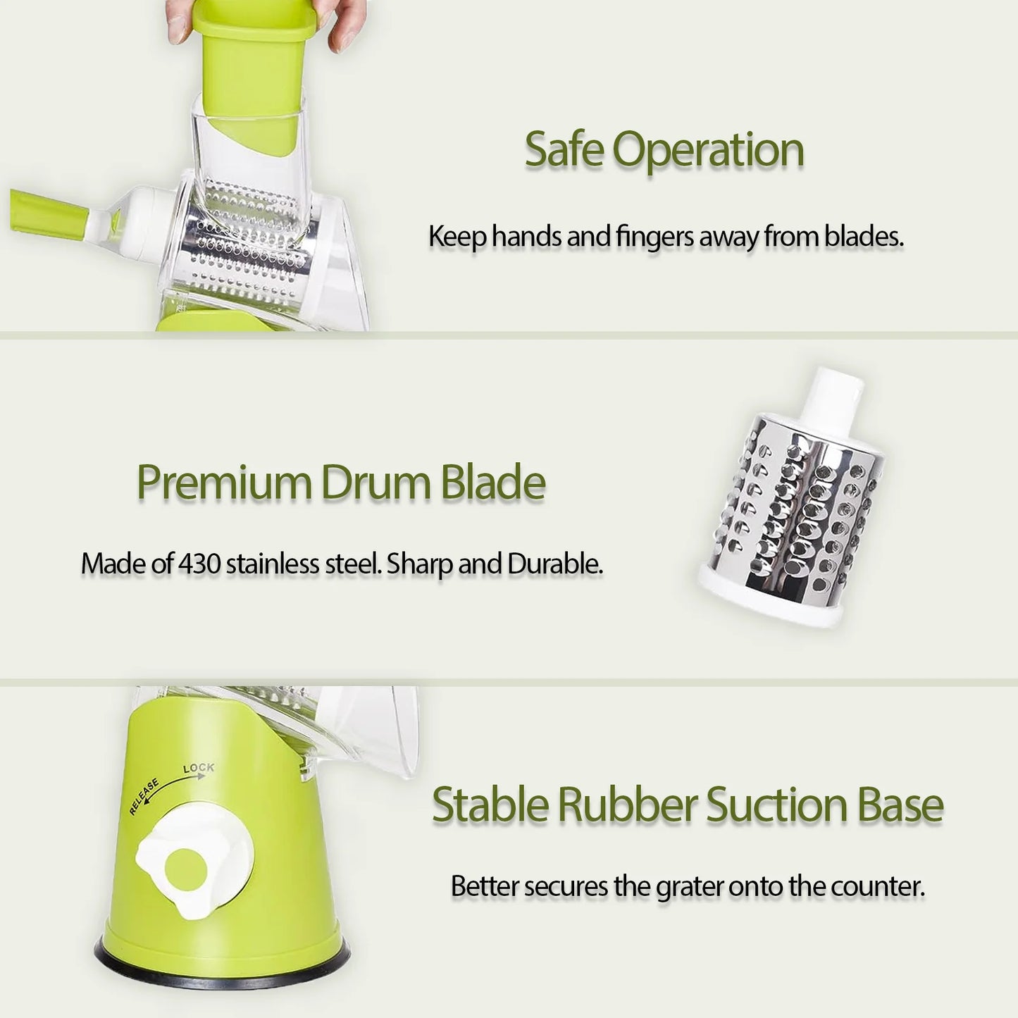 Premium Rotary Cheese Grater, Manual Cheese Grater with Handle, Handheld Vegetables Slicer Cheese Shredder with Rubber Suction Base, 3 Stainless Drum Blades Included, Easy to Use and Clean, Green