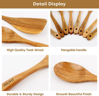 Wood Spoons for Cooking,Nonstick Kitchen Utensil Set,Wooden Spoons Cooking Utensil Set Non Scratch Natural Teak Wooden Utensils for Cooking(Teak 8 Pack)