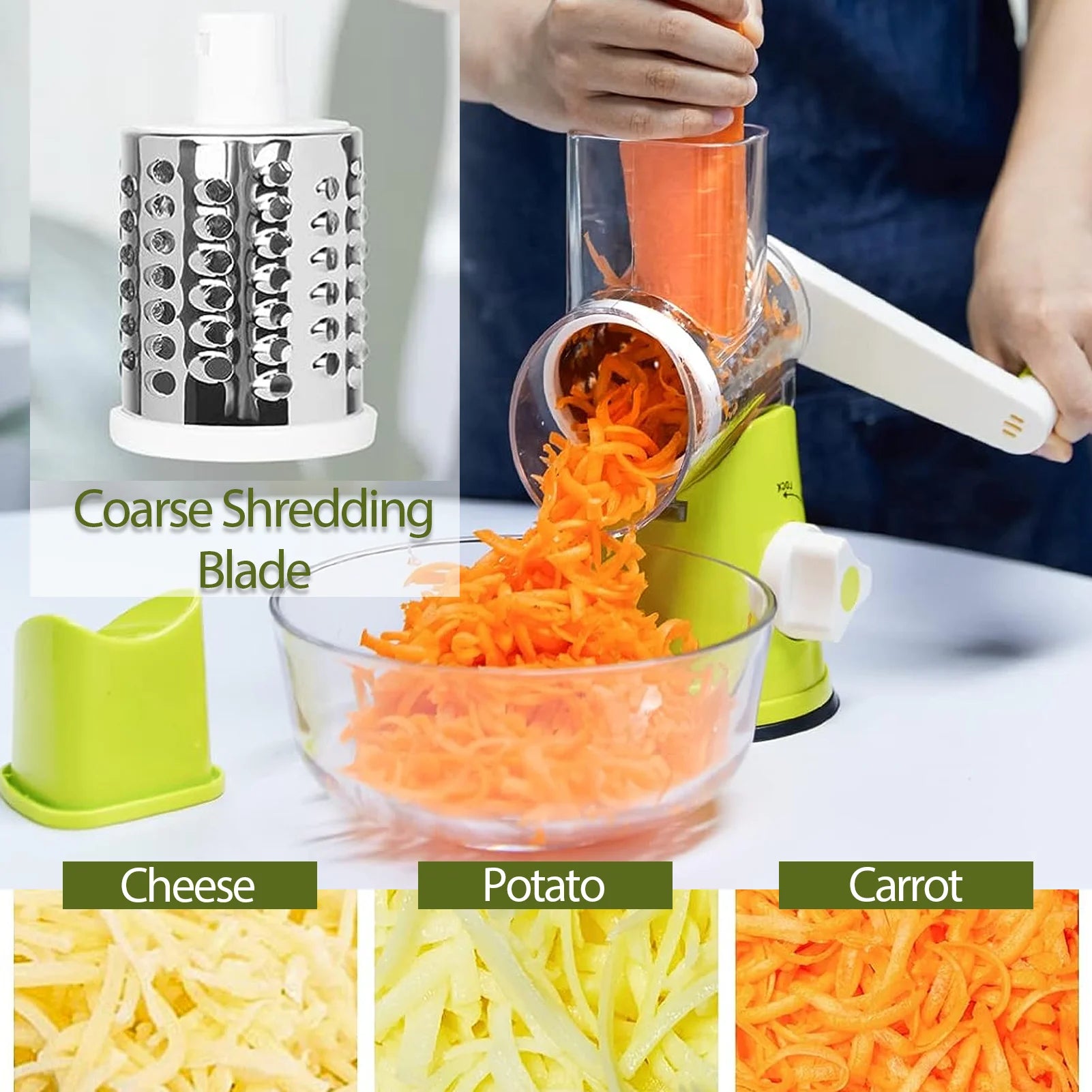 Premium Rotary Cheese Grater, Manual Cheese Grater with Handle, Handheld Vegetables Slicer Cheese Shredder with Rubber Suction Base, 3 Stainless Drum Blades Included, Easy to Use and Clean, Green